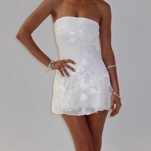 New with retail tag, Field Of Dreams strapless mini dress white floral burnout.